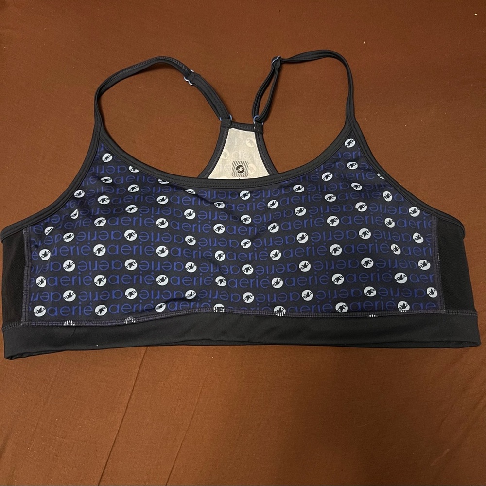 Aerie blue and black logo printed sports bra size XL